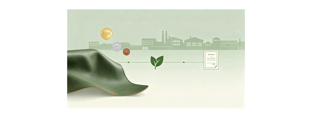 LWG certification levels infographic with leather hide, gold silver bronze medals, tannery factory silhouette and compliance certificate