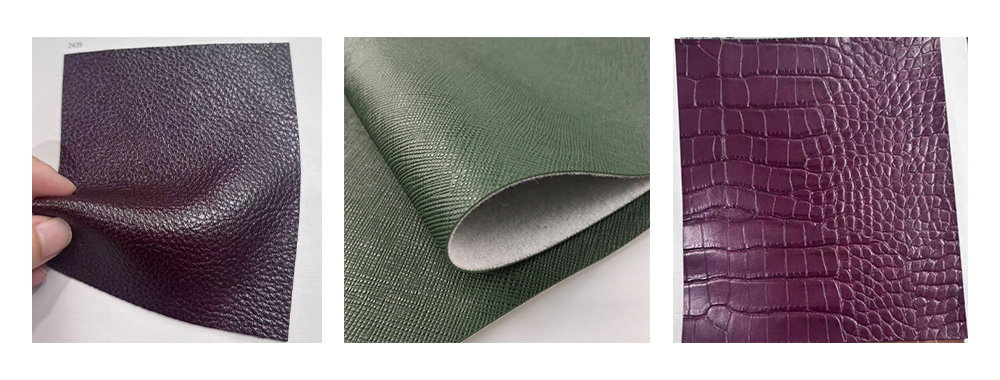  From left to right Lychee patterned PU leather, cross patterned PU leather, crocodile patterned PU leather